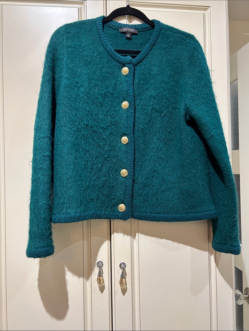 Ann Taylor Forest Green Button-Front Fuzzy Cardigan